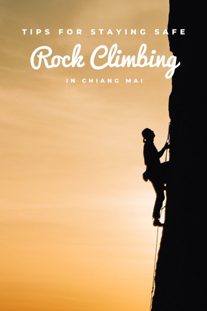 Pinterest Pin: A professional climber climbs a mountain in Chiang Mai as the sun sets