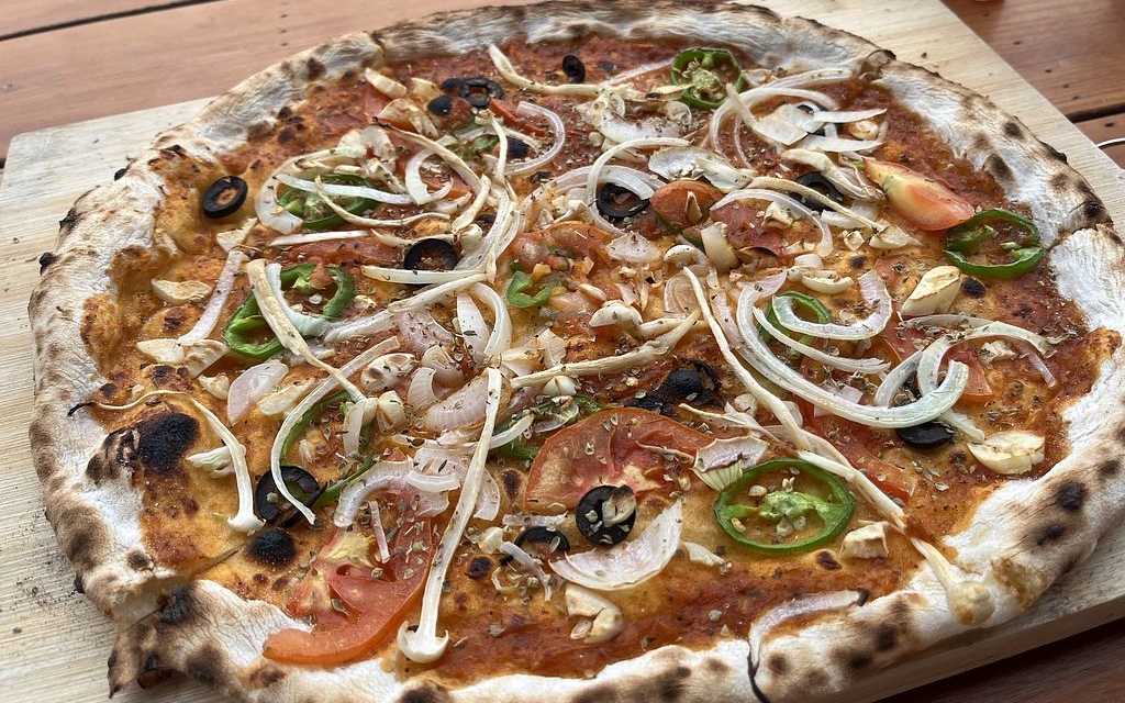 plant-based pizza from Green Restaurant in Vang Vieng